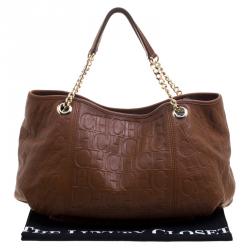 Pre Owned Carolina Herrera Brown Monogram Embossed Leather Dahlia Hobo