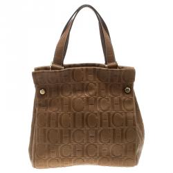 Pre Owned Carolina Herrera Brown Monogram Leather Tote