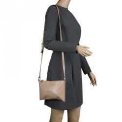 Pre Owned Carolina Herrera Dark Beige Leather Logo CH Crossbody Bag