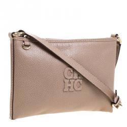 Pre Owned Carolina Herrera Dark Beige Leather Logo CH Crossbody Bag