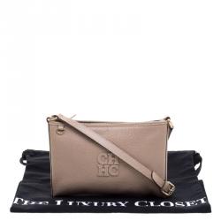 Pre Owned Carolina Herrera Dark Beige Leather Logo CH Crossbody Bag