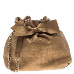 Pre Owned Carolina Herrera Gold Embossed Leather Bow Bucket Shoulder Bag