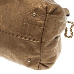 Pre Owned Carolina Herrera Gold Embossed Leather Bow Bucket Shoulder Bag