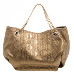 Pre Owned Carolina Herrera Bronze Monogram Embossed Leather Dahlia Hobo