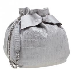 Pre Owned Carolina Herrera Silver Leather Audrey Pouch Bag