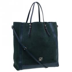 Pre Owned Carolina Herrera Green Suede and Leather Shopper Tote