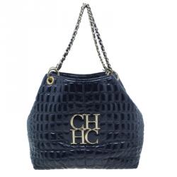 Pre Owned Carolina Herrera Navy Blue Croc Embossed Patent Leather Tote