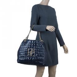 Pre Owned Carolina Herrera Navy Blue Croc Embossed Patent Leather Tote