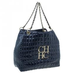 Pre Owned Carolina Herrera Navy Blue Croc Embossed Patent Leather Tote