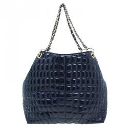 Pre Owned Carolina Herrera Navy Blue Croc Embossed Patent Leather Tote