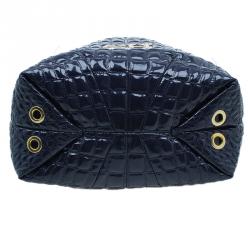 Pre Owned Carolina Herrera Navy Blue Croc Embossed Patent Leather Tote