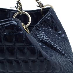 Pre Owned Carolina Herrera Navy Blue Croc Embossed Patent Leather Tote