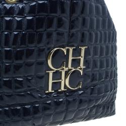 Pre Owned Carolina Herrera Navy Blue Croc Embossed Patent Leather Tote