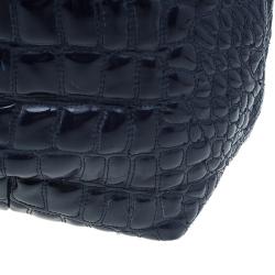 Pre Owned Carolina Herrera Navy Blue Croc Embossed Patent Leather Tote