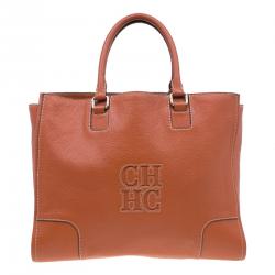 Pre Owned Carolina Herrera Orange Leather Tote Bag 