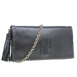 Pre Owned Carolina Herrera Metallic Dark Grey Leather Triana Chain Clutch