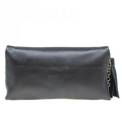 Pre Owned Carolina Herrera Metallic Dark Grey Leather Triana Chain Clutch