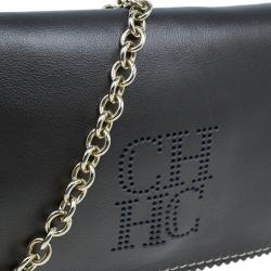 Pre Owned Carolina Herrera Metallic Dark Grey Leather Triana Chain Clutch