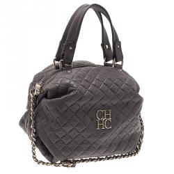 Pre Owned Carolina Herrera Grey Leather Quilted Chain Satchel Bag