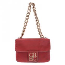 Pre Owned Carolina Herrera Red Leather Double Flap Chain Bag