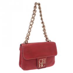 Pre Owned Carolina Herrera Red Leather Double Flap Chain Bag