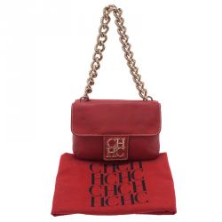 Pre Owned Carolina Herrera Red Leather Double Flap Chain Bag