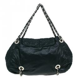 Pre Owned Carolina Herrera Black Monogram Nylon Drawstring Flap Bag