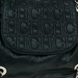 Pre Owned Carolina Herrera Black Monogram Nylon Drawstring Flap Bag