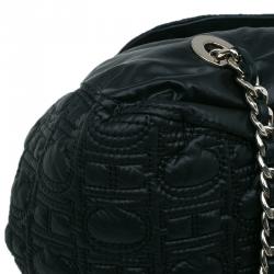 Pre Owned Carolina Herrera Black Monogram Nylon Drawstring Flap Bag