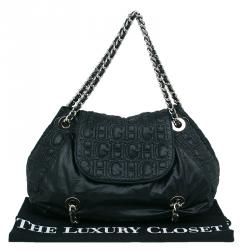 Pre Owned Carolina Herrera Black Monogram Nylon Drawstring Flap Bag