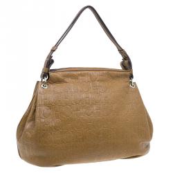 Pre Owned Carolina Herrera Brown Monogram Leather Hobo Bag