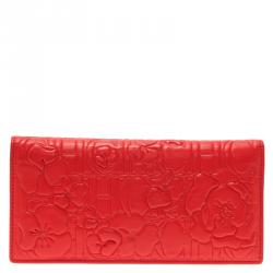 Pre Owned Carolina Herrera Rose Red Leather Logo Embossed Continental Flap Wallet