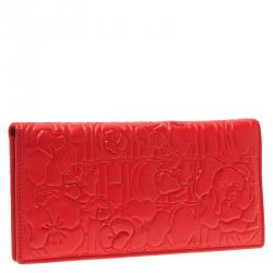 Pre Owned Carolina Herrera Rose Red Leather Logo Embossed Continental Flap Wallet