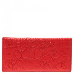 Pre Owned Carolina Herrera Rose Red Leather Logo Embossed Continental Flap Wallet