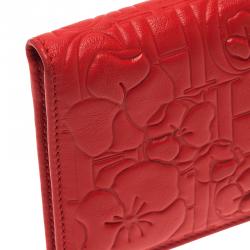 Pre Owned Carolina Herrera Rose Red Leather Logo Embossed Continental Flap Wallet