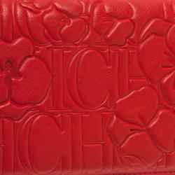 Pre Owned Carolina Herrera Rose Red Leather Logo Embossed Continental Flap Wallet