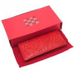 Pre Owned Carolina Herrera Rose Red Leather Logo Embossed Continental Flap Wallet