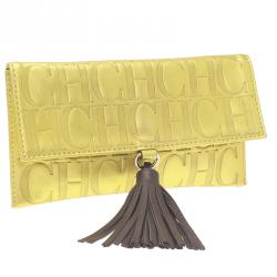 Pre Owned Carolina Herrera Gold Monogram Leather Tassel Clutch