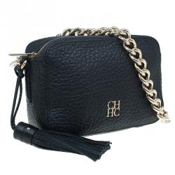 Pre Owned Carolina Herrera Black Pebbled Leather Mini Tassel Crossbody Bag