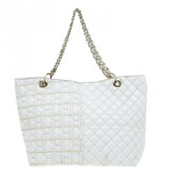 Pre Owned Carolina Herrera White Quilted Monogram Glazed Leather Large Tote