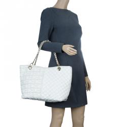 Pre Owned Carolina Herrera White Quilted Monogram Glazed Leather Large Tote
