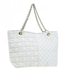 Pre Owned Carolina Herrera White Quilted Monogram Glazed Leather Large Tote