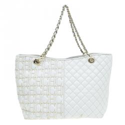 Pre Owned Carolina Herrera White Quilted Monogram Glazed Leather Large Tote