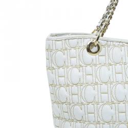 Pre Owned Carolina Herrera White Quilted Monogram Glazed Leather Large Tote