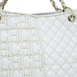 Pre Owned Carolina Herrera White Quilted Monogram Glazed Leather Large Tote