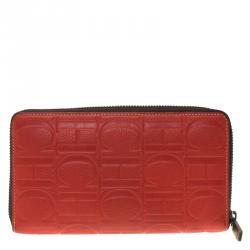 Pre Owned Carolina Herrera Red Monogram Leather Zip Around Wallet 