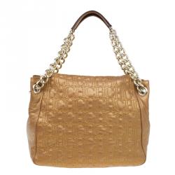 Pre Owned Carolina Herrera Gold Monogram Leather Shoulder Bag