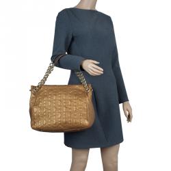 Pre Owned Carolina Herrera Gold Monogram Leather Shoulder Bag