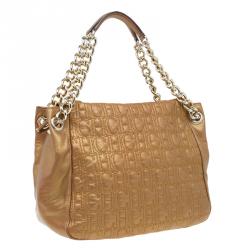 Pre Owned Carolina Herrera Gold Monogram Leather Shoulder Bag