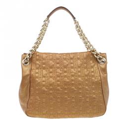 Pre Owned Carolina Herrera Gold Monogram Leather Shoulder Bag